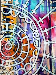 an abstract painting with lots of different colors and designs on it, including circles in the middle