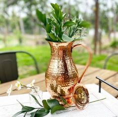 a vase filled with green plants sitting on top of a table next to a potted plant