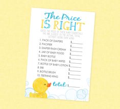 the price is right printable baby shower game with rubber ducky on yellow background