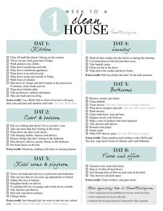 the week to a clean house checklist is shown in blue and white with black lettering