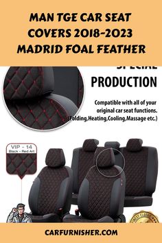 car seat covers with red stitching on the front and back, made in italy