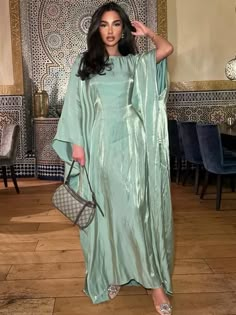 Shinny Satin Oversize Dress Women Loose Long Batwing Sleeve O-neck A-line Casual Dresses Female 2024 A Line Evening Dress, Eid Outfits, Abaya Style, Satin Dress Long, Mode Abaya, Arab Fashion, Hijab Fashion Inspiration, Modest Wear, Hijabi Fashion