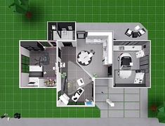 an overhead view of a house with green flooring and white furniture in the living room