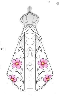 a drawing of a dress with flowers and a crown on the top, as well as a cross