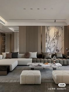 a living room with couches, tables and chairs on the floor in front of a marble wall