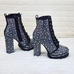 Beautiful Rhinestone Ankle Boots Black Faux Suede 4.75" Heel With A 1.5" Platform Deep Lug Tread Adjustable Lace Up Front Design With A Easy To Use Side Zipper New In Box Rhinestone Playform Heel Boots, Wild Diva Boots, Studded High Heel Platform Boots For Party, High Heel Winter Boots With Rhinestones, Winter Embellished Ankle Boot Heels, Winter Rhinestone Boots With Round Toe, Winter Boots With Rhinestones And Round Toe, Party Heeled Leather Boots With Rhinestones, Party Boots With Rhinestones And Round Toe