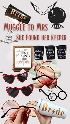 a poster with sunglasses and other items for the bride's wedding day, including mugs to mrs she found her keeper