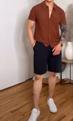 Shorts And Button Up Shirt Men, Brown Color Shirt For Men, Fancy Casual Outfits Men Summer, Men Casual Button Up Outfit, Men’s Fashion Semi Formal, Man Button Up Shirt Outfit, Mens Fashion Neutral Colors, Male Neutral Outfit, Men Staple Wardrobe