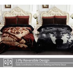 two reversible design bedding sets with wolf and bear designs on them, all in different colors