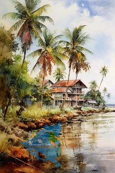 a painting of a tropical island with palm trees and houses on the water's edge