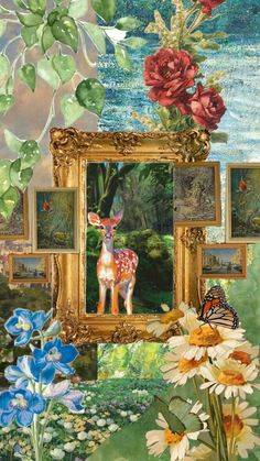 a painting with flowers and pictures hanging on the wall next to it is an image of a deer