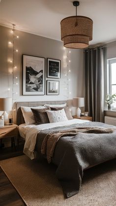 a bedroom with a large bed and pictures on the wall