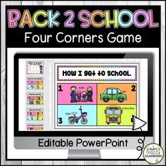 the back to school four corners game is shown on a computer screen and has an image of