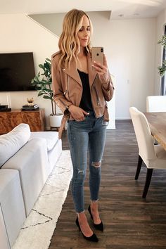 Fashion Jackson Wearing Allsaints Blush Leather Moto Jacket Black Lace Cami Ripped Skinny Jeans Black Pumps Leather Moto Jacket Outfit, Blush Leather Jacket, Suede Jacket Outfit, December Outfits, Jacket Outfit Women