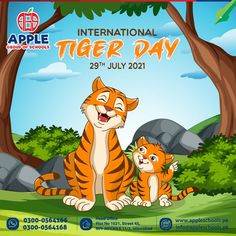 an advertisement for the international tiger day, featuring two tigers in front of some trees