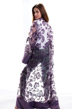 puple floral robe Elegant Floral Embroidered Summer Kimono, Elegant Sheer Robe For Party, Spring Evening Embroidered Kaftan, Elegant Long Lace Kimono, Elegant Spring Kaftan With Floral Embroidery, Elegant Floral Embroidered Kaftan For Spring, Elegant Spring Party Robe, Spring Sheer Long Sleeve Kimono, Elegant Kimono For Spring Party