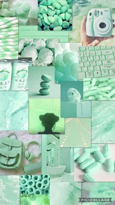 a collage of green and white images