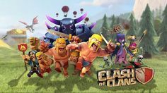 the clash of clans logo is shown in front of an image of several cartoon characters