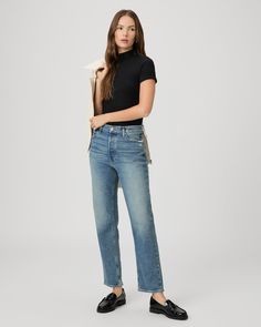 Meet Sawyer, our new vintage-inspired high-rise straight leg silhouette with an ankle length inseam. This pair is cut from our bestselling PAIGE VINTAGE denim in a tinted vintage-inspired light wash with subtle lived-in details, silver polished hardware, and a raw hem. PAIGE VINTAGE takes all of the work out of breaking in your favorite pair of vintage jeans. We've combined the comfort of stretch with everything you love about authentic vintage denim to create super soft jeans that feel perfectl Breaking In, Soft Jeans, Men Store, Denim Shoes, Bottom Clothes, Vintage Jeans, New Vintage, Vintage Denim, Straight Jeans