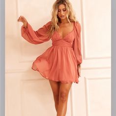 Coral Pink Dress Spring Chiffon Dress For Night Out, Chiffon Sundress For Date Night, Long Sleeve Lined Mini Dress For Summer, Lined Chiffon Dresses For Brunch, Casual Chiffon Dress For Date Night, Chic Chiffon Mini Dress With Lining, Chic Lined Chiffon Mini Dress, Flirty Flowy Mini Dress Lined, Flirty Flowy Lined Mini Dress