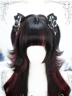 Get noticed with our striking black and red highlight long synthetic wig! This vibrant wig features a bold color combination that is sure to turn heads. Made with high-quality synthetic fibers, this wig is easy to style and maintain. Perfect for cosplay, themed parties, or adding a pop of color to your everyday look.  Please note that this product includes the wig only.  Garment Size   	 		 			Size 			Free Size 		 		 			Hair Length 			60-65 Black And Red Wolf Cut, Red With Black Hair, Red And Black Wig, Gothic Hairstyle, Lengths Of Hair, Black And Red Hair, Harajuku Wigs, Cool Hair Designs, Gothic Hair