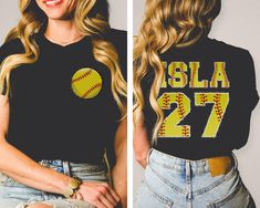 Two-Sided Softball T-shirt With Custom Number And Name, Sports Shirt, Softball Mom Tee, Softball Team Shirt, Personalized Softball Gifts   Hi! Welcome to the LaTeeApparel!  It's great to see you here! Our shirts are clean, high quality and soft. It is prepared quickly by our store! Enjoy your shopping! It is a pleasure for us to help you with your questions and you can reach us at any time. F I T  ∙ S I Z I N G  -->Women's sizes are narrower than the waist -->Sleeves are rolled up in some produc Varsity Style Short Sleeve Tops For Team Events, Varsity Short Sleeve Tops For Team Events, Varsity T-shirt For Baseball Season Team Events, Varsity Tops With Sublimation Print For Team Events, Varsity T-shirt For Sports Season Team Events, Varsity T-shirt For Team Events During Sports Season, Black Sports Tops With Heat Transfer Vinyl, Varsity Graphic Print Tops For Team Events, Personalized Softball Gifts