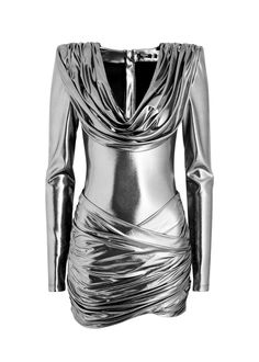 Find BALMAIN Draped Metallic Stretch-jersey Mini Dress on Editorialist. Info & Care Balmain metallic stretch-jersey dress Draped cowl neck, padded shoulders, ruched sides and back, gathered cross-over detail at skirt; Zip fastening at back; 96% polyester, 4% elastane Dry clean; Size & Fit Length shoulder to hem: 31 inches/ 79cm; Midweight; Close fit; Model is 5'9'/ 175cm and wears a size;FR36 Please note, this style is particularly short in length Glamorous Fitted Cowl Neck Dresses, Metallic Draped Dress For Night Out, Metallic Fitted Draped Dress, Metallic Draped Fitted Dress, Glamorous Draped Metallic Dresses, Metallic Fitted Long Sleeve Dress, Fitted Metallic Long Sleeve Dress, Fitted Cowl Neck Dress For Fall, Draping Skirt