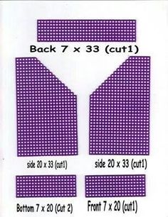 the back and sides of a pair of purple polka doted paper with measurements for each piece