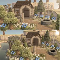 two pictures of the same house with blue flowers in front and behind it, there is a pond surrounded by trees