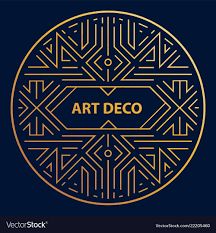 the art deco logo in gold on a dark background with an abstract pattern and text