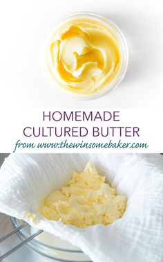 homemade butter in a bowl with the words homemade cultured butter on top and below