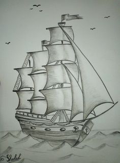 a drawing of a ship in the ocean