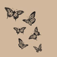 six butterflies flying in the air on a beige background with black and white ink drawing