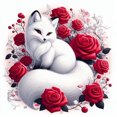 a white fox surrounded by red roses