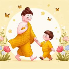 a little boy is holding the hand of a small buddha in front of flowers and butterflies