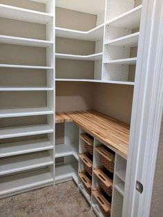 an empty walk in closet with shelves and drawers