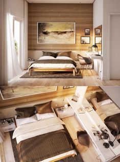 two pictures of a bedroom with bed, desk and chair in the same room together