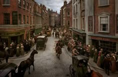 an old photo of people walking down the street in front of horse drawn carriages and horses