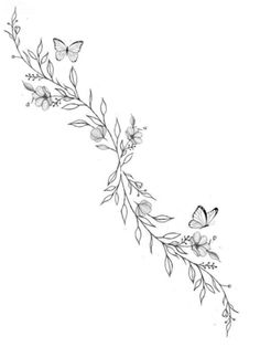 a line drawing of flowers and butterflies on a white background