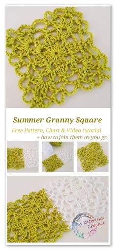 the crochet granny square pattern is shown in green and white, with instructions to make