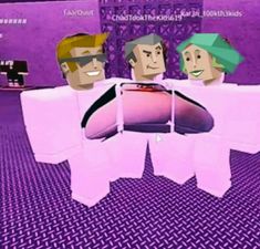 three animated people standing in front of a purple background