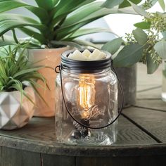 a glass jar filled with candles sitting on top of a table next to potted plants