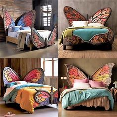 three different pictures of a bed with butterfly wings on the headboard and foot board