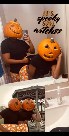 two people in halloween costumes with pumpkins on their heads and one holding a cell phone