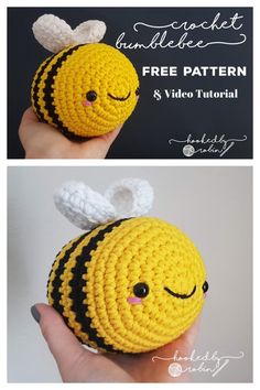 a crocheted bee is shown with the words free pattern and video below it