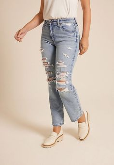 edgely™ High Rise Ripped Relaxed Straight Ankle Jean | maurices New Jeans Top, Maternity Pajamas, Maurices Jeans, Skirt Crop, Maternity Shops, Plus Dresses, Sweater Blouse