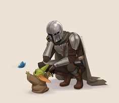 a cartoon character kneeling down next to a baby yoda