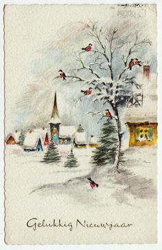 a painting of a snowy village with birds flying around