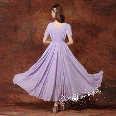 Chiffon Light Purple Long Party Dress Short Sleeve Evening Wedding Lightweight Sundress Summer Holiday Beach Dress Bridesmaid Maxi Skirt Detail Info: ❤ Color: Light Purple (lavender) More color choice link: https://www.etsy.com/listing/213656440/chiffon-dress-color-card?ref=shop_home_feat_1 you just note the color you want with order, we will make according to your note. ❤ Material: Chiffon ❤ The dress doesn't limit the chest size and waitst size, arm hole 45cm (if your upper arm circle circumfe Summer Bridesmaid Chiffon Dress With Flowy Skirt, Spring Chiffon Bridesmaid Dress For Banquet, Pink Chiffon Dress For Summer Banquet, Flowy V-neck Summer Bridesmaid Dress, Floor-length Summer Bridesmaid Dress For Banquets, Chiffon Dress For Wedding, Summer Chiffon Bridesmaid Dress, Summer Bridesmaid Fitted Chiffon Dress, Chiffon Bridesmaid Dress For Banquet