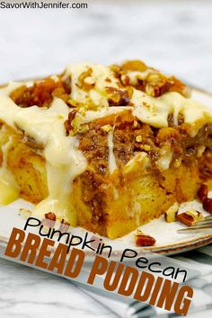 pumpkin pecan bread pudding on a plate with a fork